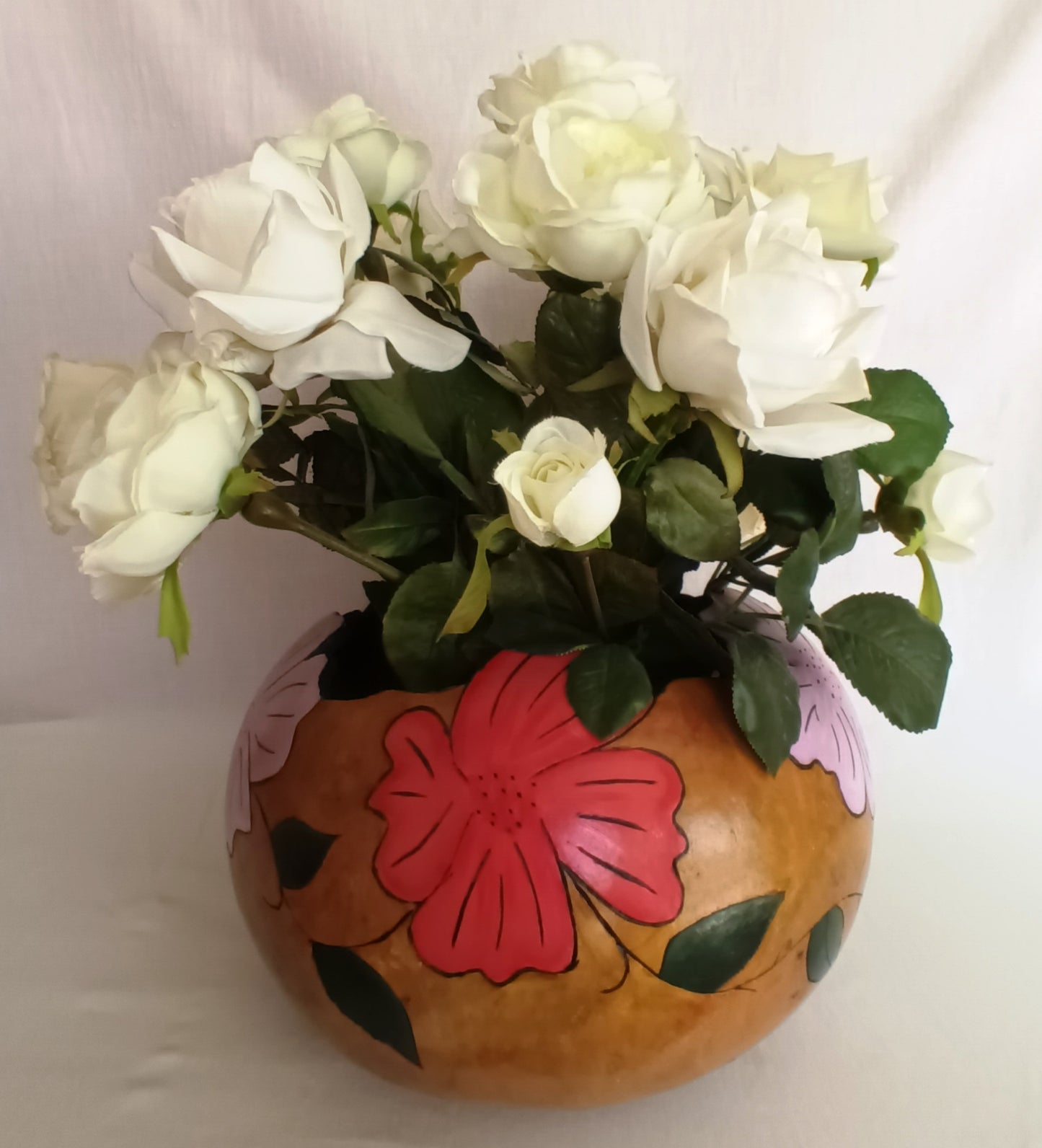Handmade Large Gourd Planter Colorful Floral Hand Painted Plant Flowers Display Stand Hand carved Bowl Gourd Art Home Décor 11.5” D-NOS