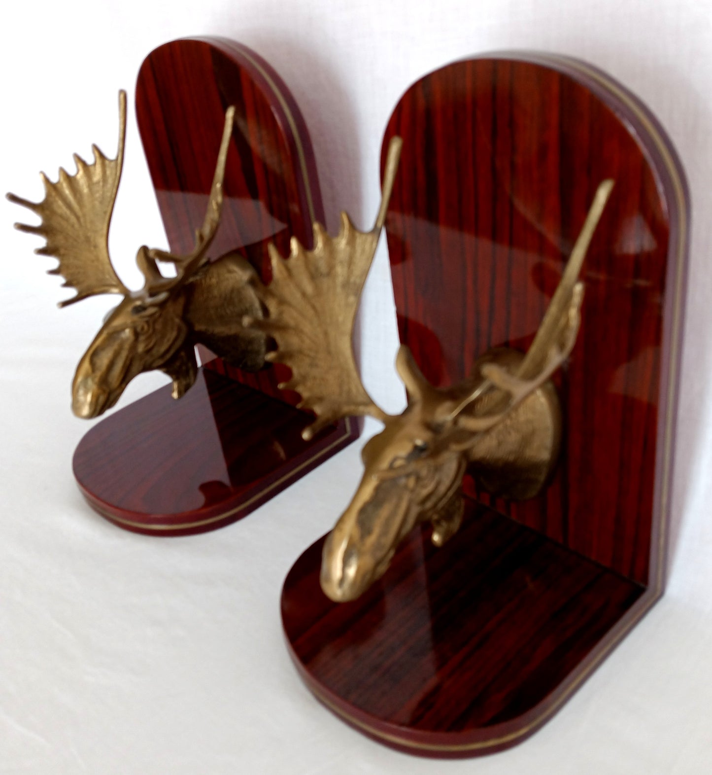 Vintage Set of 2 Solid Brass Moose Heads Bookends Mounted on Cherry Type Wood Home Accent Gift for Him Office Display Gatco-Made in Korea