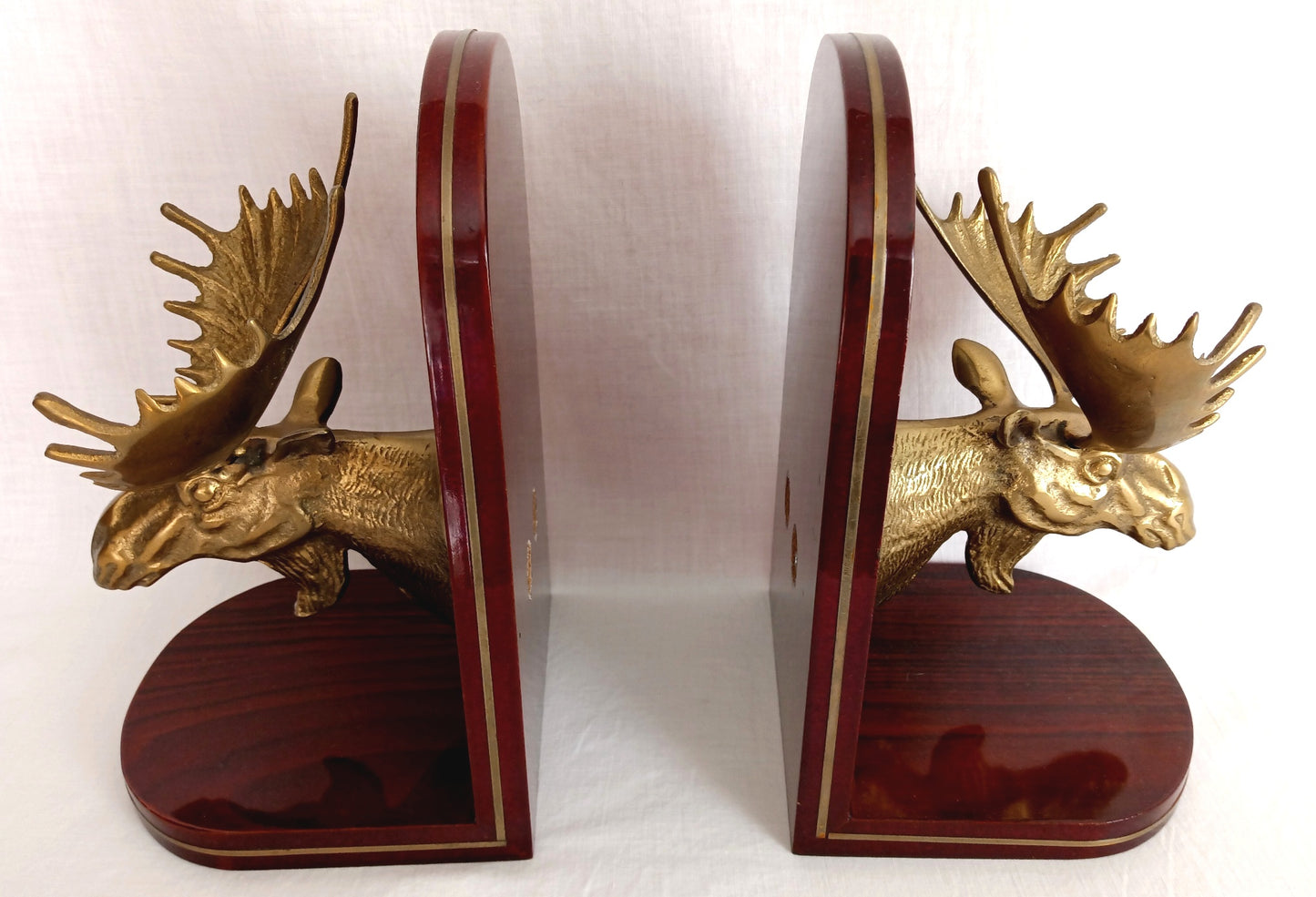 Vintage Set of 2 Solid Brass Moose Heads Bookends Mounted on Cherry Type Wood Home Accent Gift for Him Office Display Gatco-Made in Korea