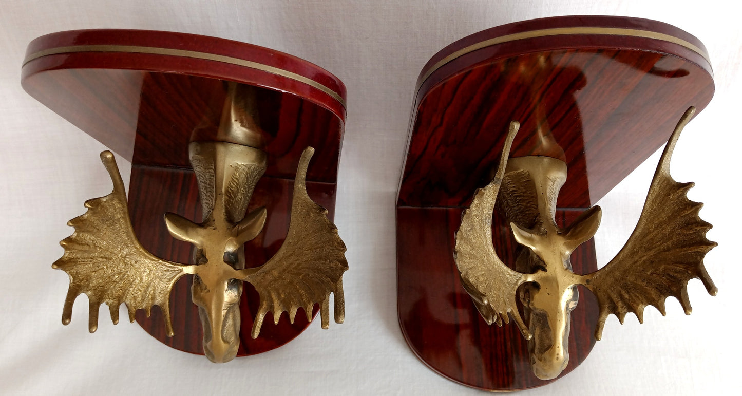 Vintage Set of 2 Solid Brass Moose Heads Bookends Mounted on Cherry Type Wood Home Accent Gift for Him Office Display Gatco-Made in Korea