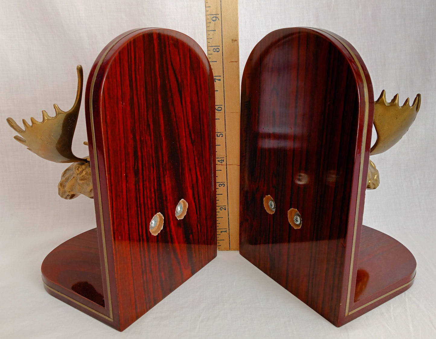 Vintage Set of 2 Solid Brass Moose Heads Bookends Mounted on Cherry Type Wood Home Accent Gift for Him Office Display Gatco-Made in Korea