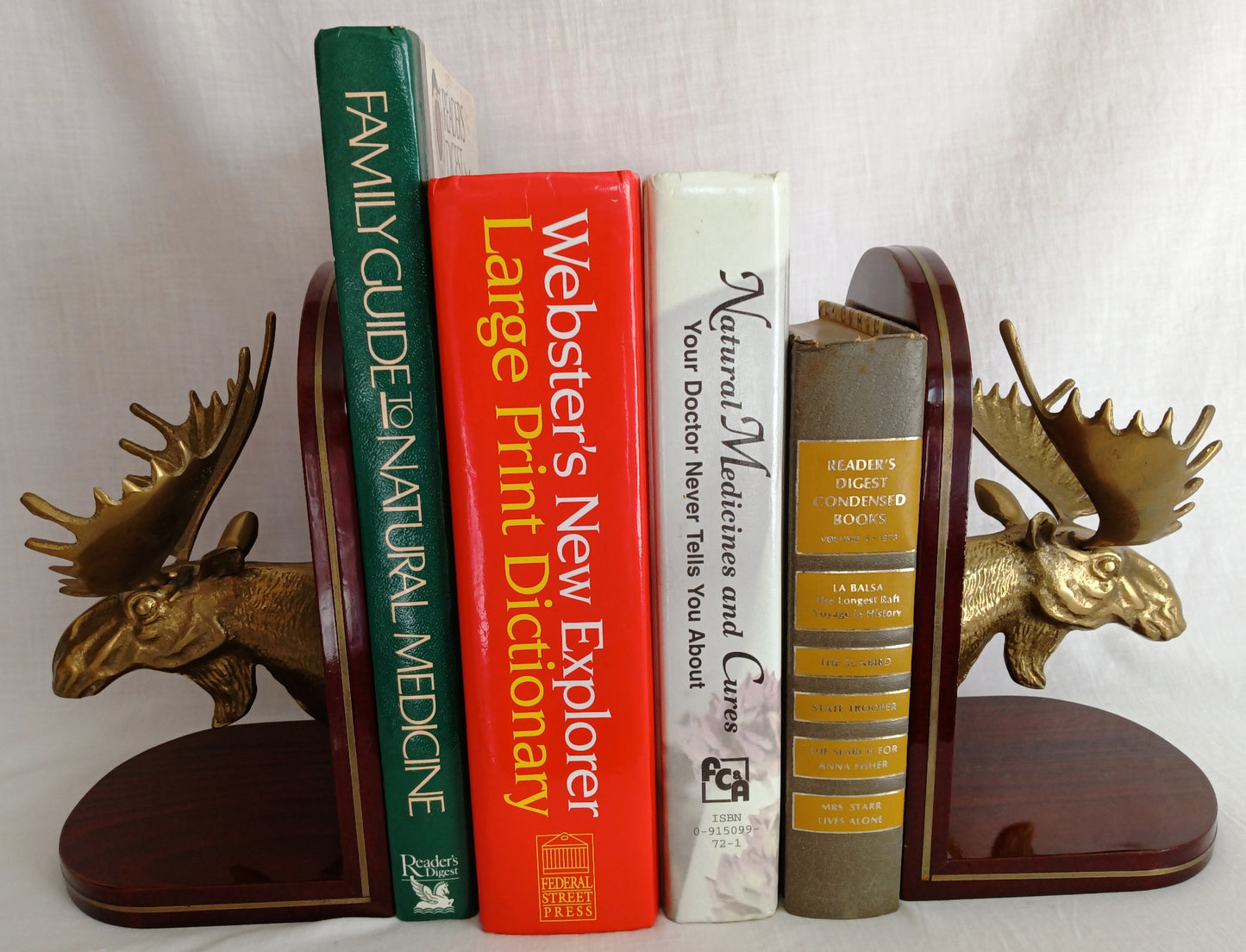 Vintage Set of 2 Solid Brass Moose Heads Bookends Mounted on Cherry Type Wood Home Accent Gift for Him Office Display Gatco-Made in Korea