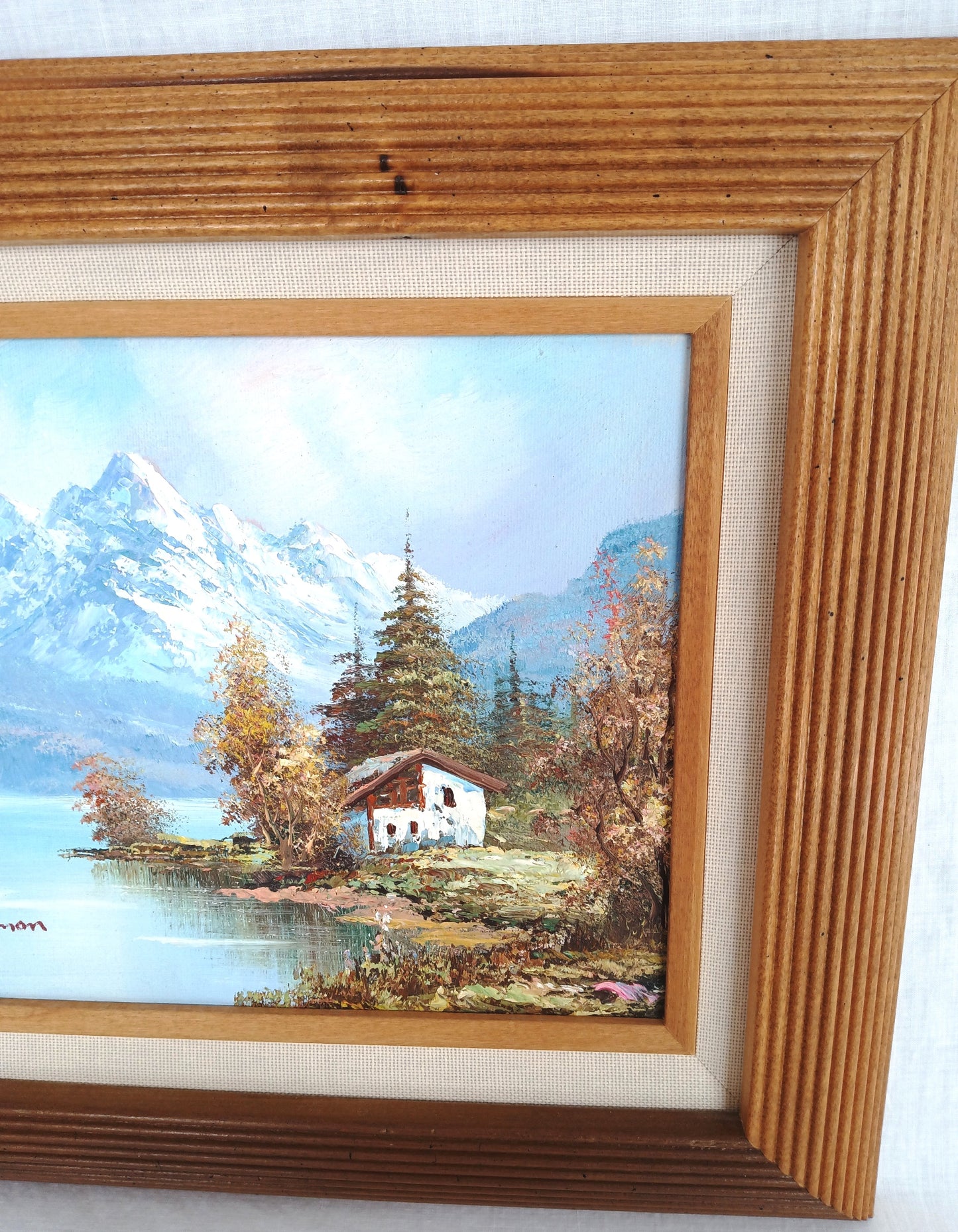 Vintage Oil Painting on Canvas Autumn Fall Mountain Scene Lake Landscape Wooden Frame Artwork Painting Wall Art Signed W. Chapman