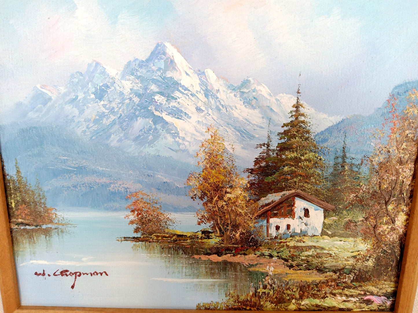 Vintage Oil Painting on Canvas Autumn Fall Mountain Scene Lake Landscape Wooden Frame Artwork Painting Wall Art Signed W. Chapman