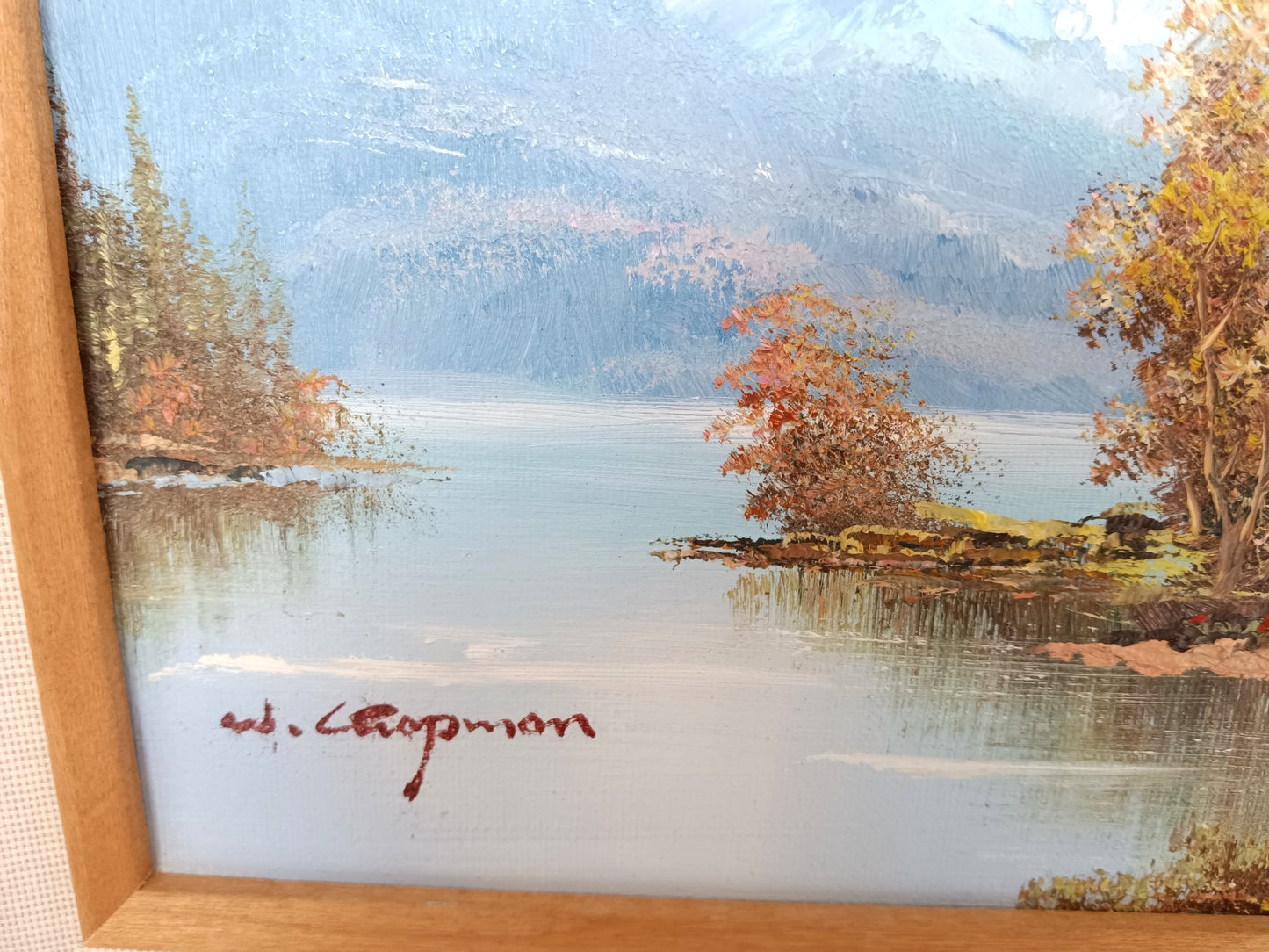 Vintage Oil Painting on Canvas Autumn Fall Mountain Scene Lake Landscape Wooden Frame Artwork Painting Wall Art Signed W. Chapman