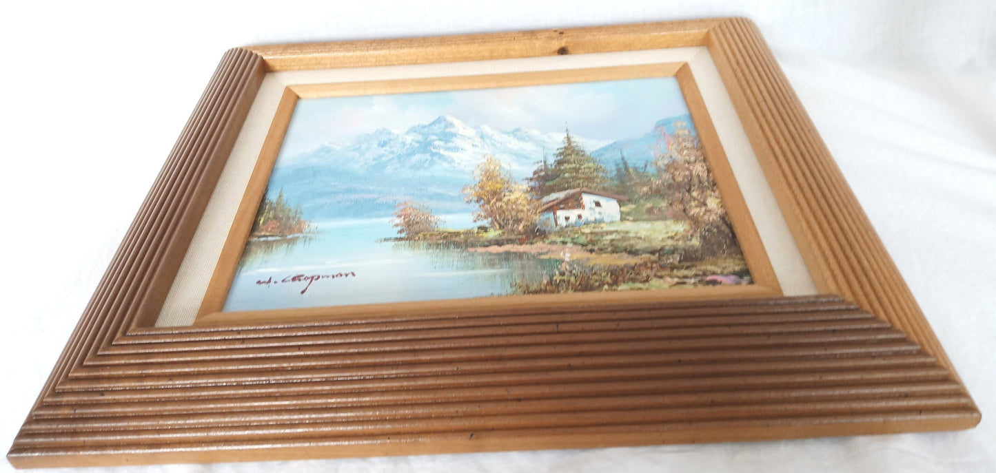 Vintage Oil Painting on Canvas Autumn Fall Mountain Scene Lake Landscape Wooden Frame Artwork Painting Wall Art Signed W. Chapman