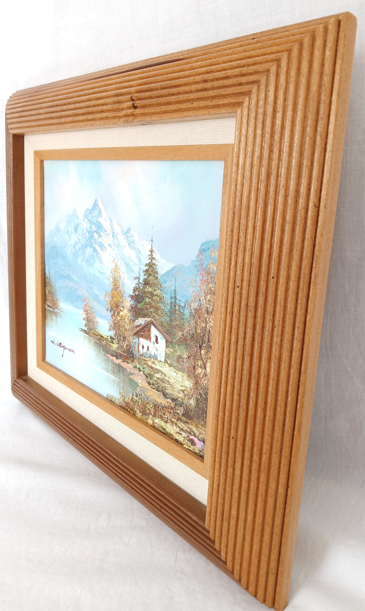 Vintage Oil Painting on Canvas Autumn Fall Mountain Scene Lake Landscape Wooden Frame Artwork Painting Wall Art Signed W. Chapman