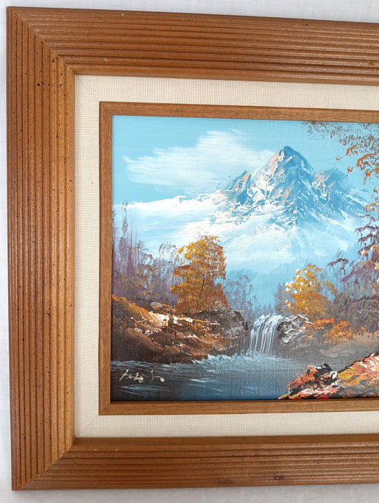 Vintage Oil Painting on Canvas Autumn Fall Mountain Scene Waterfall Landscape Wooden Frame Artwork Painting Wall Art Signed by Artist