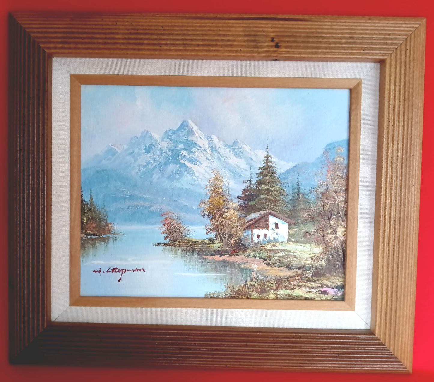 Vintage Oil Painting on Canvas Autumn Fall Mountain Scene Lake Landscape Wooden Frame Artwork Painting Wall Art Signed W. Chapman