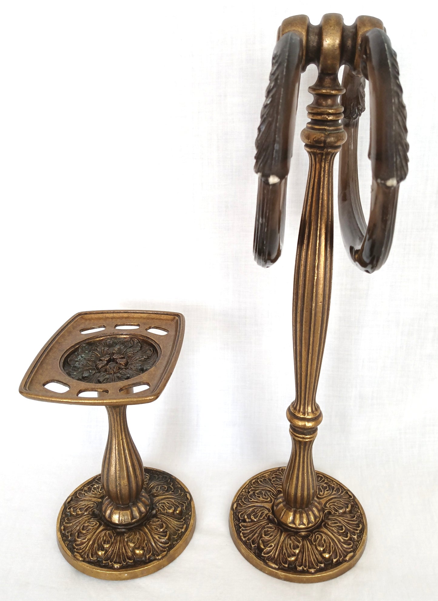 Set of 2 Bathroom Accessories Brass Resin Double Rings Towel Stand Tumbler &Toothbrush Holder Neo Classical Ornate Pedestal Style BF 118