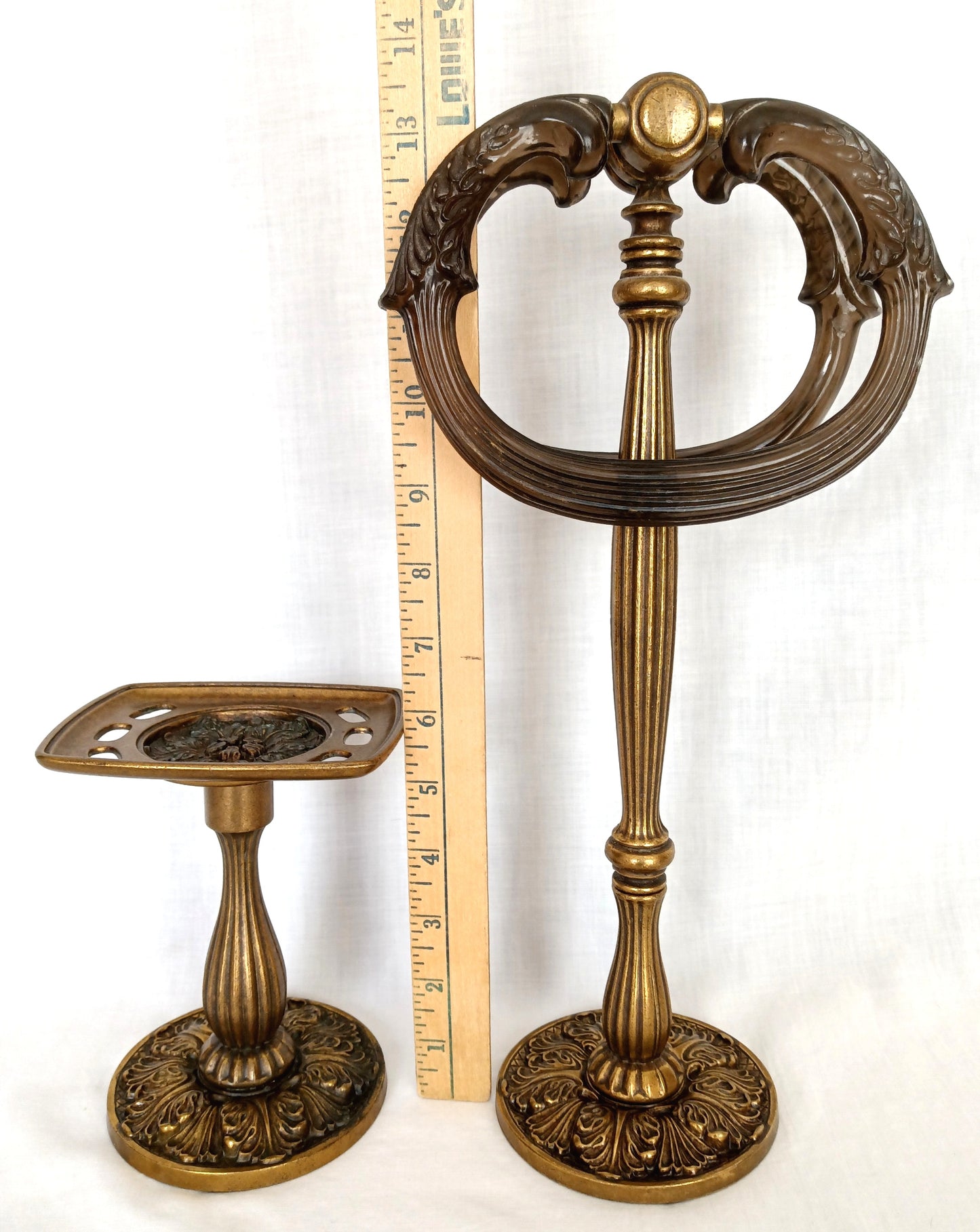 Set of 2 Bathroom Accessories Brass Resin Double Rings Towel Stand Tumbler &Toothbrush Holder Neo Classical Ornate Pedestal Style BF 118
