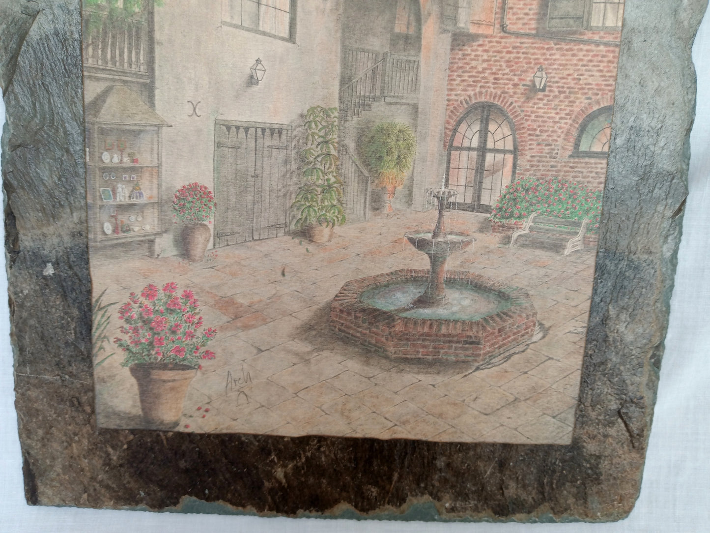 Antique Handcrafted Roofing Slate Vintage Lithograph Print Archie Boyd Brulator Court New Orleans Wall Art Signed Arch