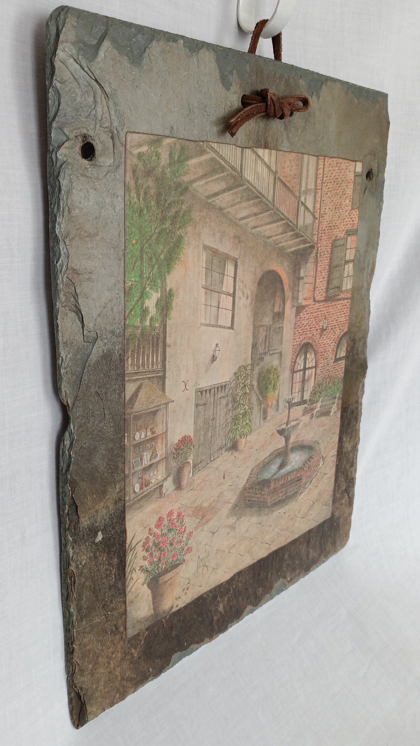 Antique Handcrafted Roofing Slate Vintage Lithograph Print Archie Boyd Brulator Court New Orleans Wall Art Signed Arch