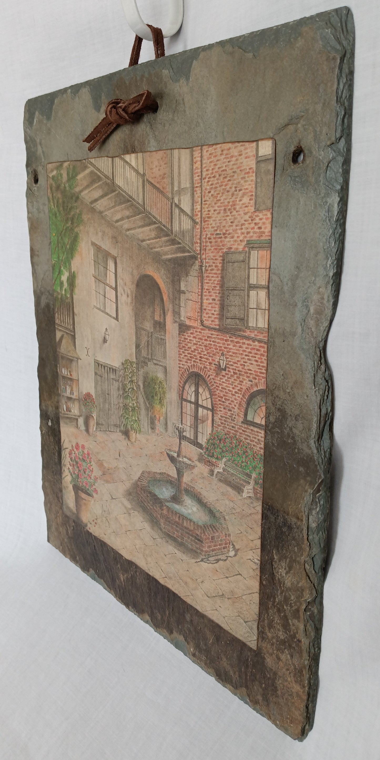 Antique Handcrafted Roofing Slate Vintage Lithograph Print Archie Boyd Brulator Court New Orleans Wall Art Signed Arch