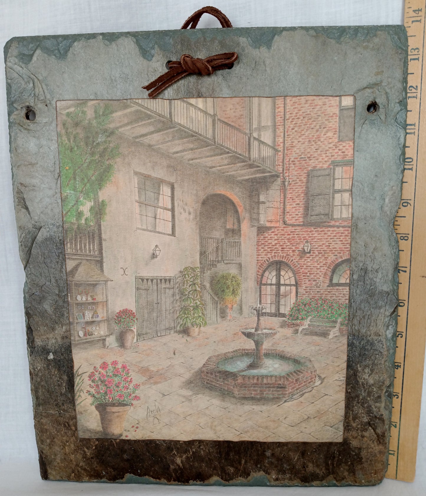 Antique Handcrafted Roofing Slate Vintage Lithograph Print Archie Boyd Brulator Court New Orleans Wall Art Signed Arch