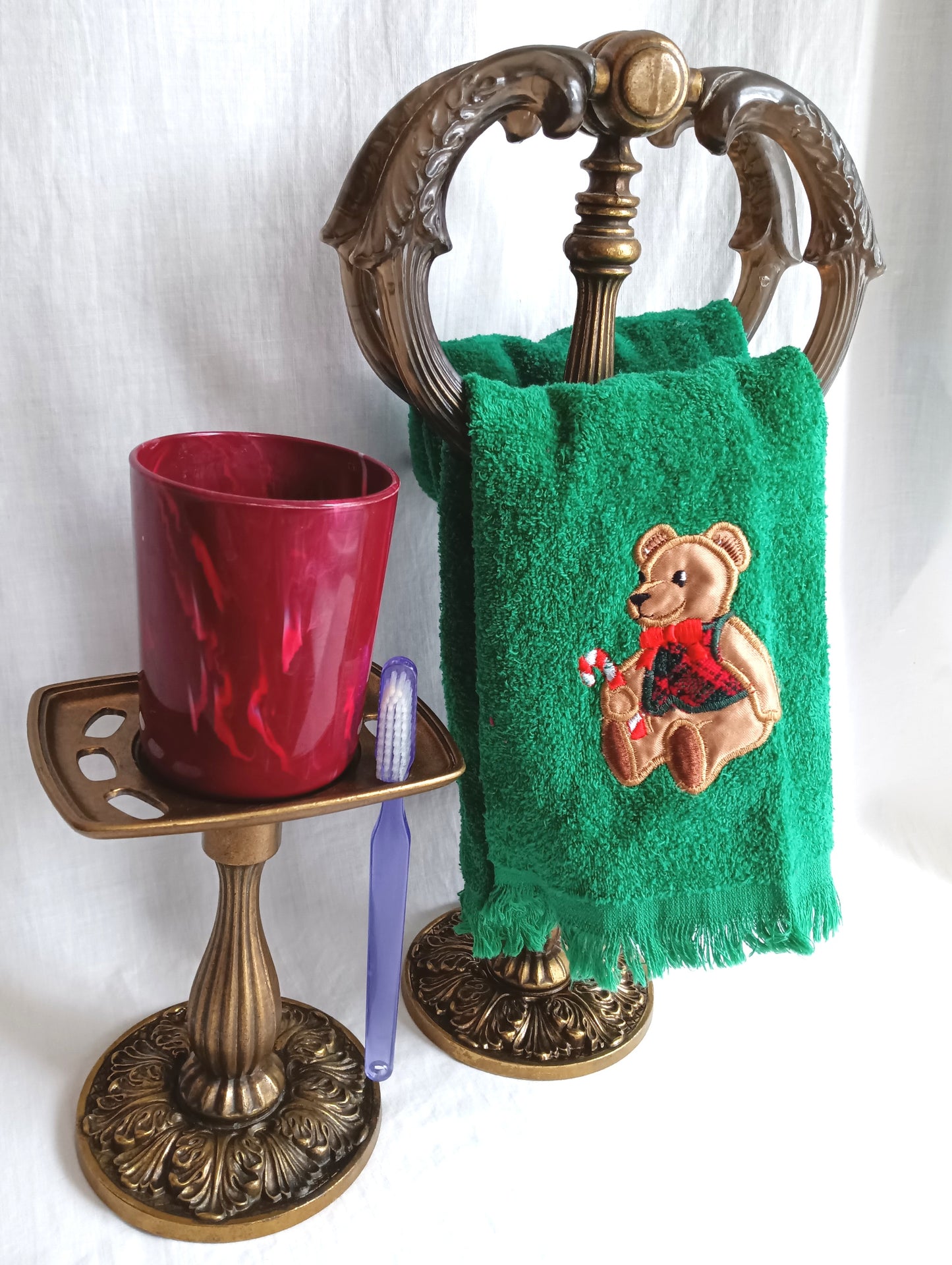 Set of 2 Bathroom Accessories Brass Resin Double Rings Towel Stand Tumbler &Toothbrush Holder Neo Classical Ornate Pedestal Style BF 118