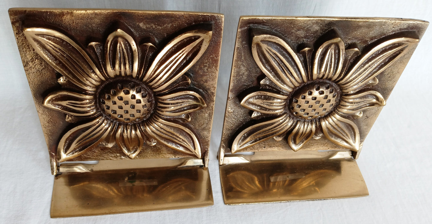 Vintage Mid Century Solid Brass Pair Bookends Hinged Folding Sunflower Design Bookends Home Office Decor