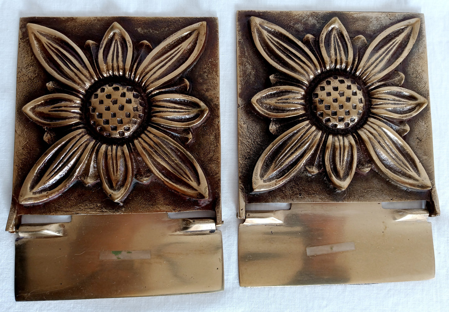Vintage Mid Century Solid Brass Pair Bookends Hinged Folding Sunflower Design Bookends Home Office Decor