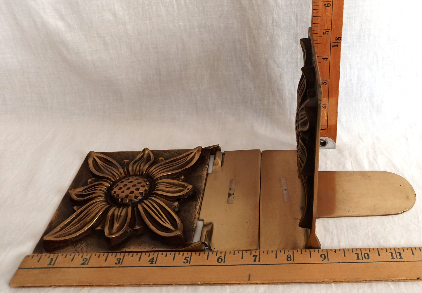 Vintage Mid Century Solid Brass Pair Bookends Hinged Folding Sunflower Design Bookends Home Office Decor