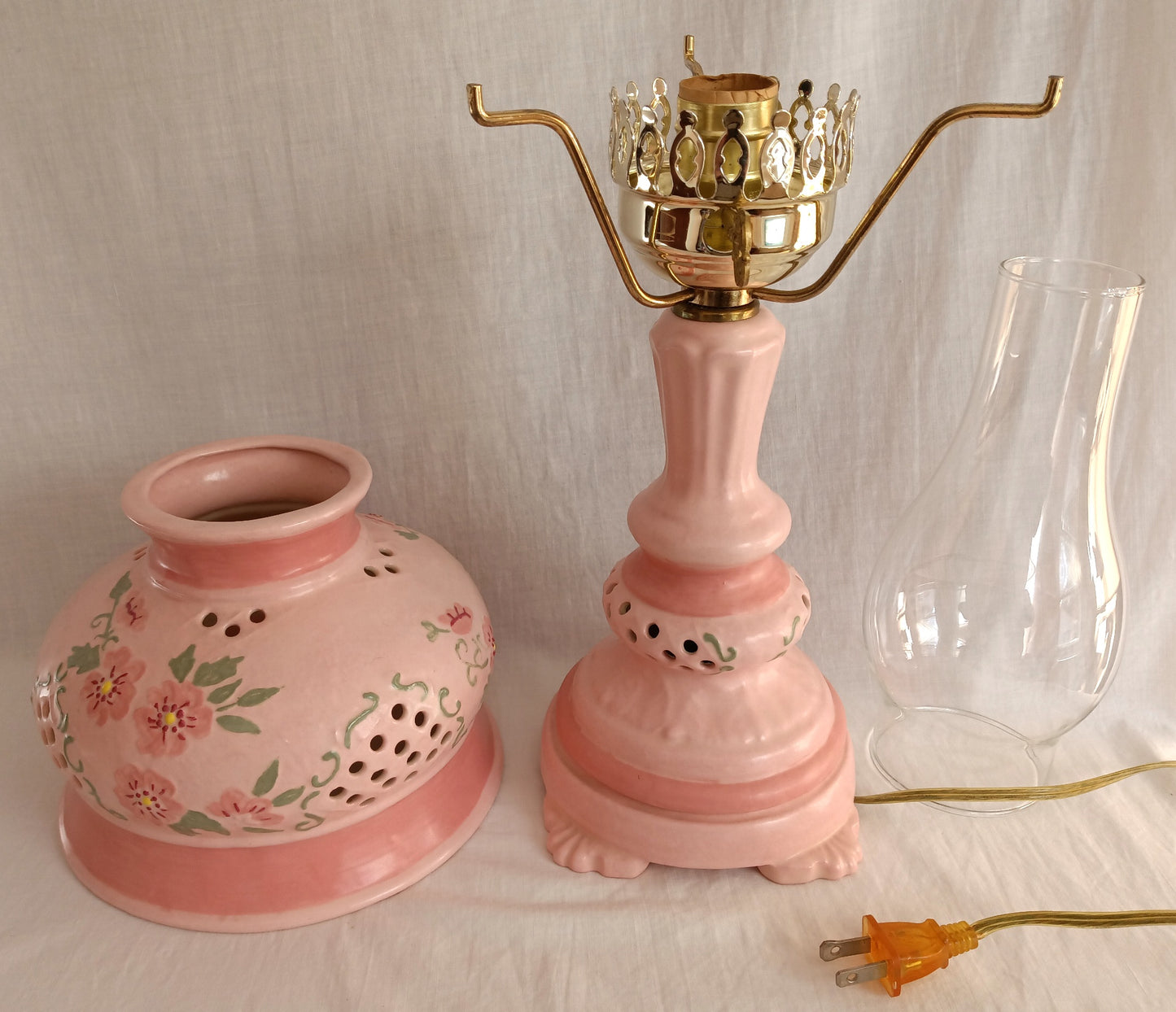 Vintage Pink Ceramic 3 Way Accent Lamp Hand Painted Glazed Raised Flowers Design Footed Open Cut Accent w/ Chimney Signed BL- OOAK