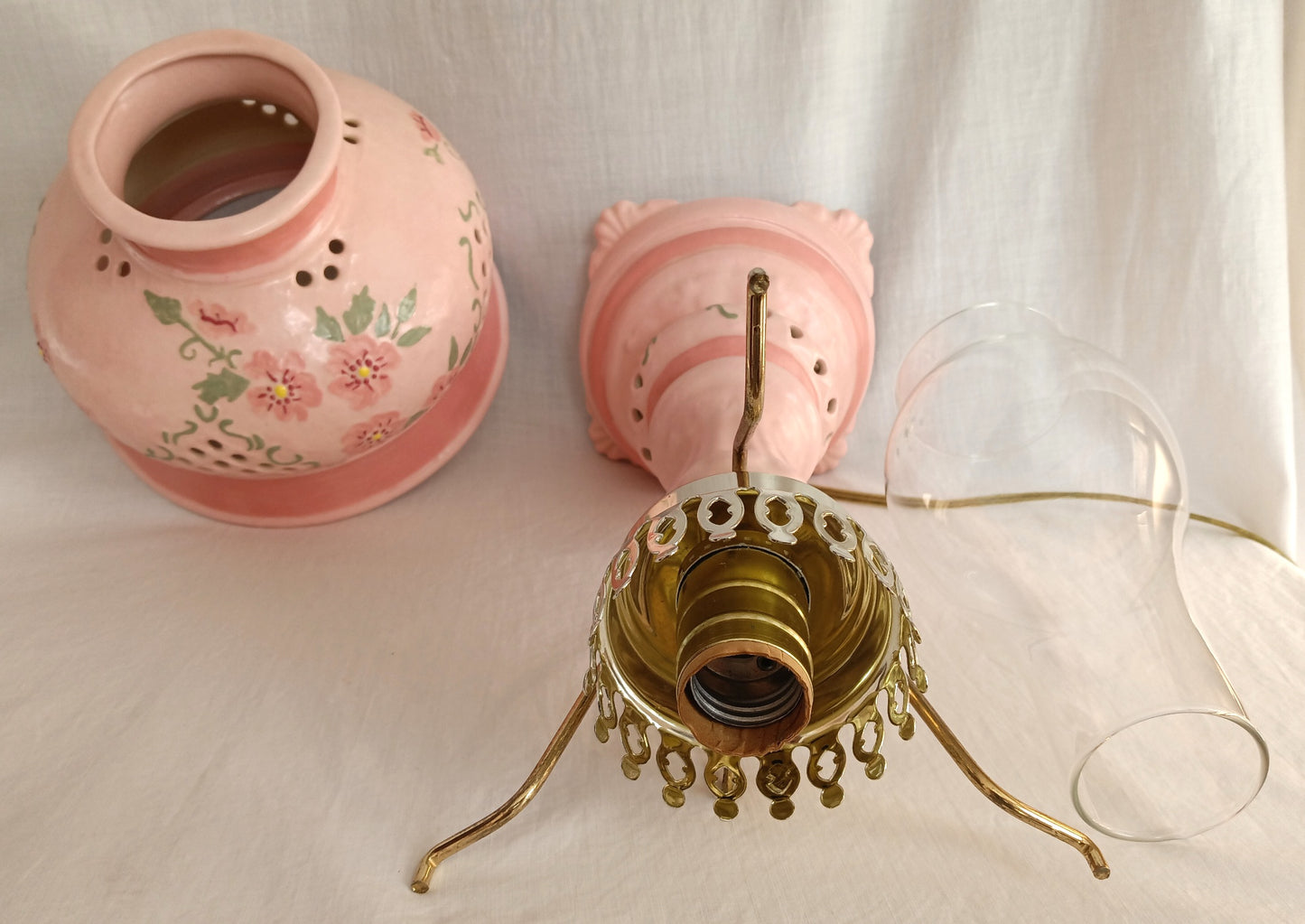Vintage Pink Ceramic 3 Way Accent Lamp Hand Painted Glazed Raised Flowers Design Footed Open Cut Accent w/ Chimney Signed BL- OOAK