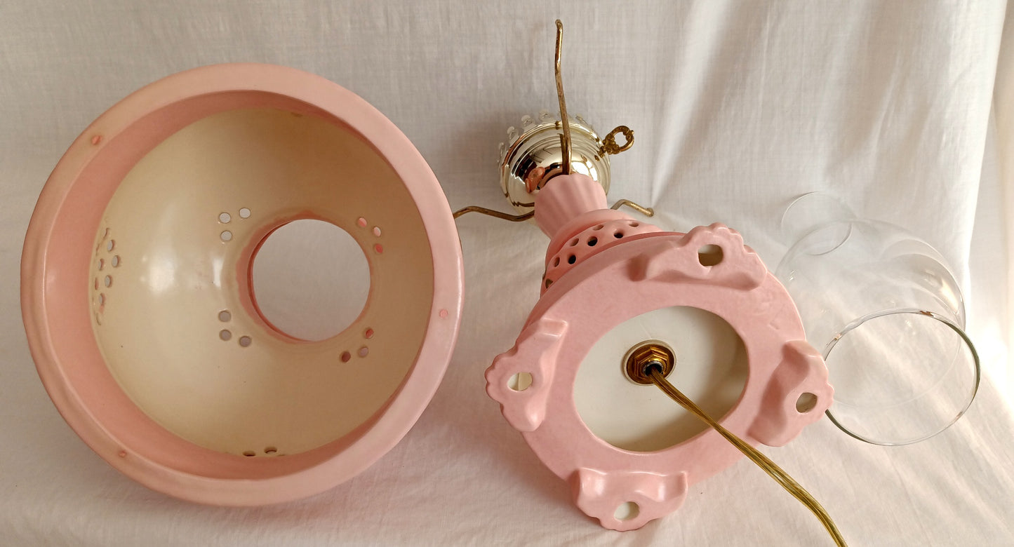 Vintage Pink Ceramic 3 Way Accent Lamp Hand Painted Glazed Raised Flowers Design Footed Open Cut Accent w/ Chimney Signed BL- OOAK