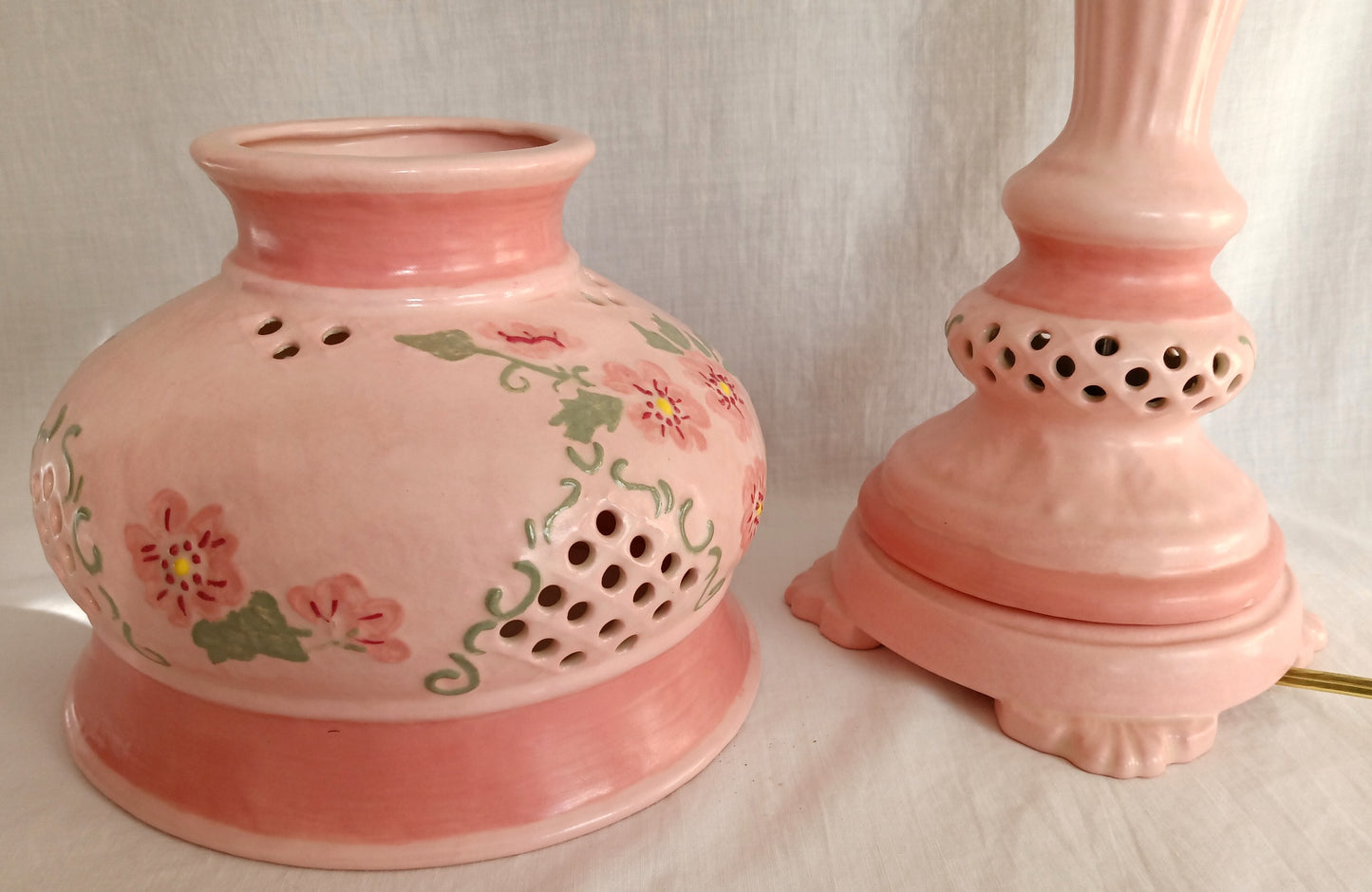 Vintage Pink Ceramic 3 Way Accent Lamp Hand Painted Glazed Raised Flowers Design Footed Open Cut Accent w/ Chimney Signed BL- OOAK
