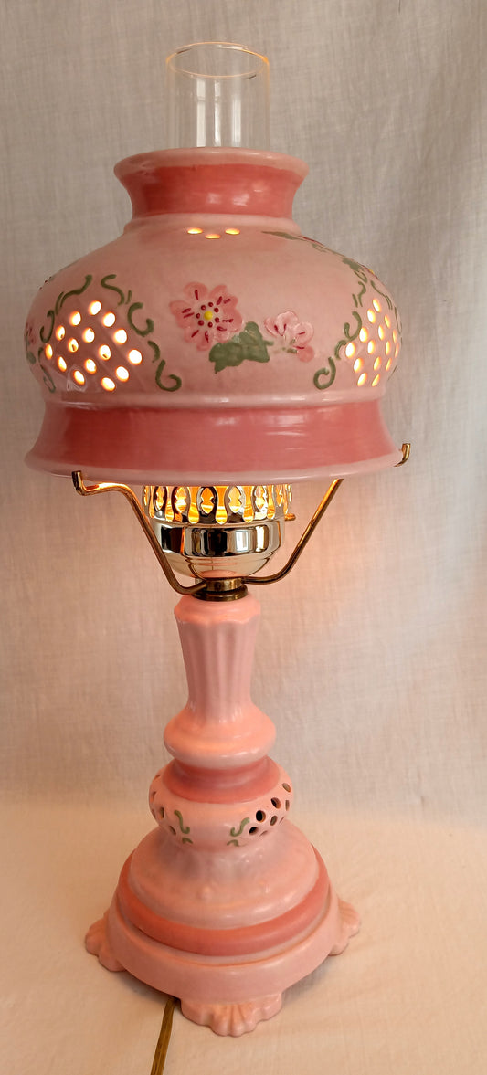 Vintage Pink Ceramic 3 Way Accent Lamp Hand Painted Glazed Raised Flowers Design Footed Open Cut Accent w/ Chimney Signed BL- OOAK