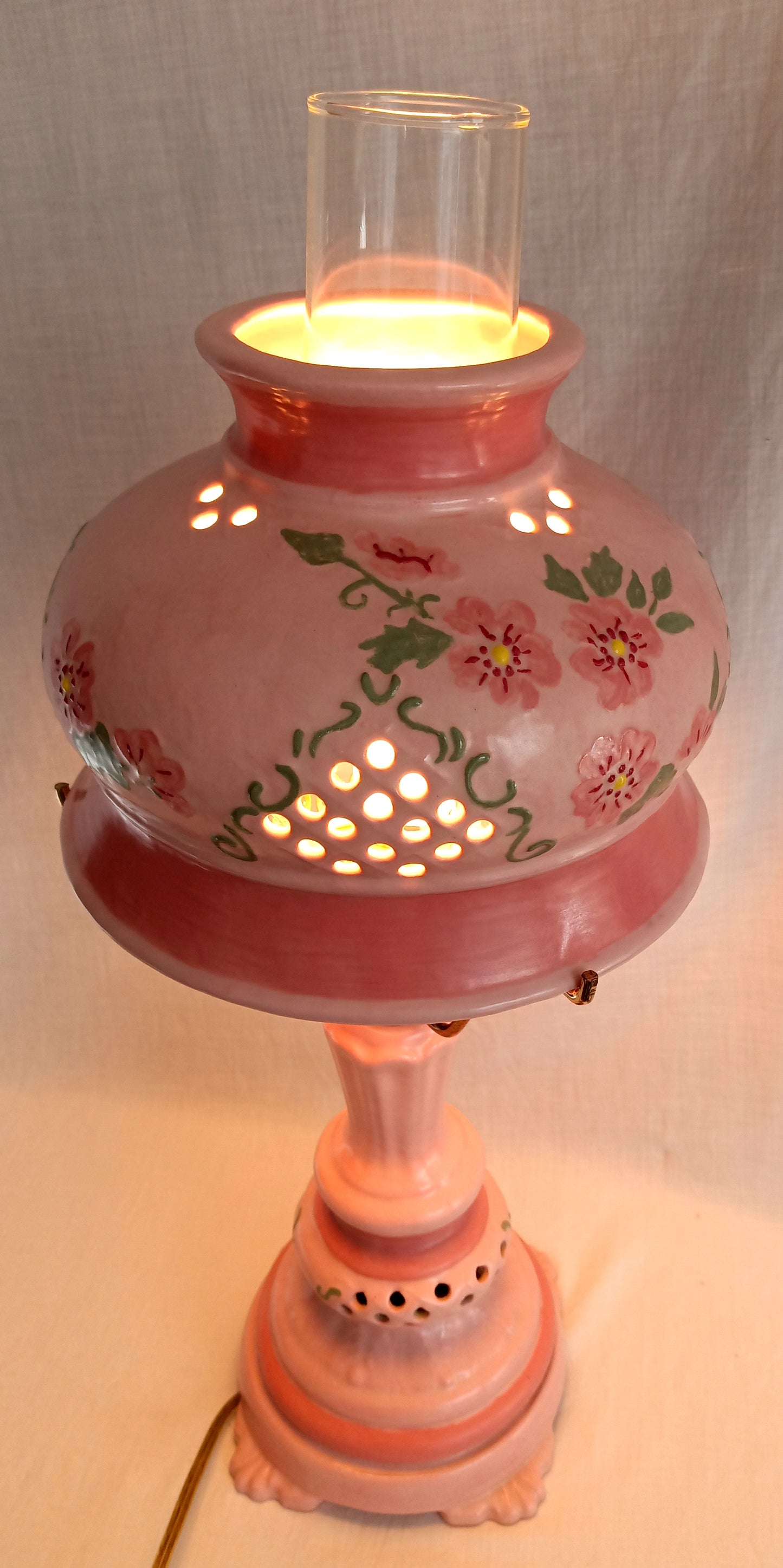 Vintage Pink Ceramic 3 Way Accent Lamp Hand Painted Glazed Raised Flowers Design Footed Open Cut Accent w/ Chimney Signed BL- OOAK