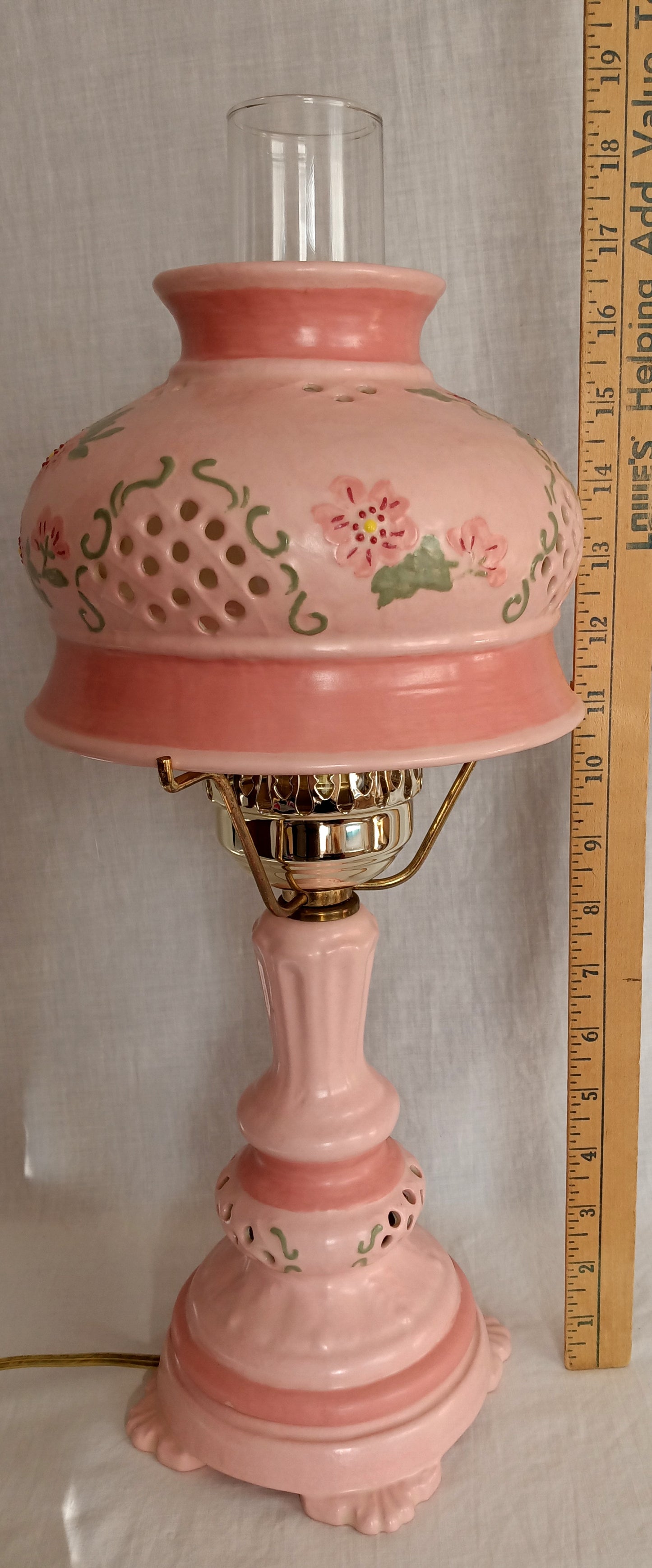 Vintage Pink Ceramic 3 Way Accent Lamp Hand Painted Glazed Raised Flowers Design Footed Open Cut Accent w/ Chimney Signed BL- OOAK