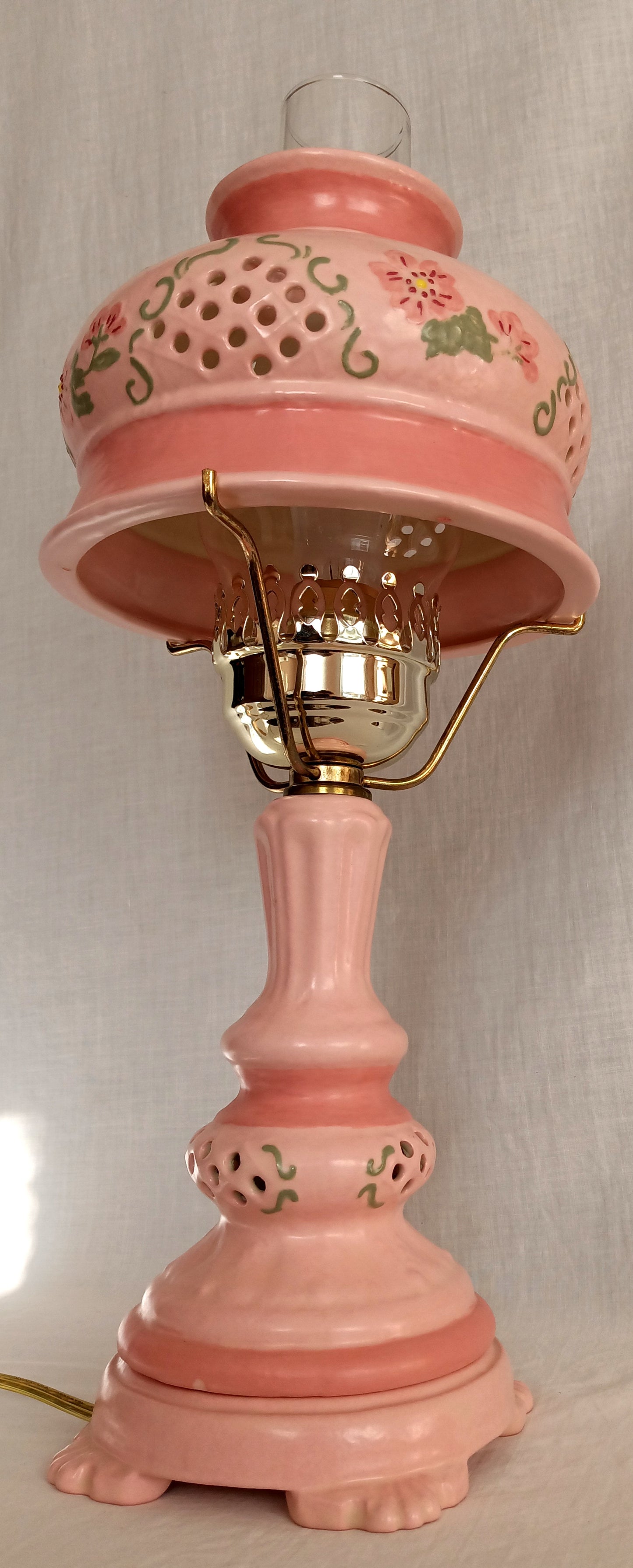 Vintage Pink Ceramic 3 Way Accent Lamp Hand Painted Glazed Raised Flowers Design Footed Open Cut Accent w/ Chimney Signed BL- OOAK
