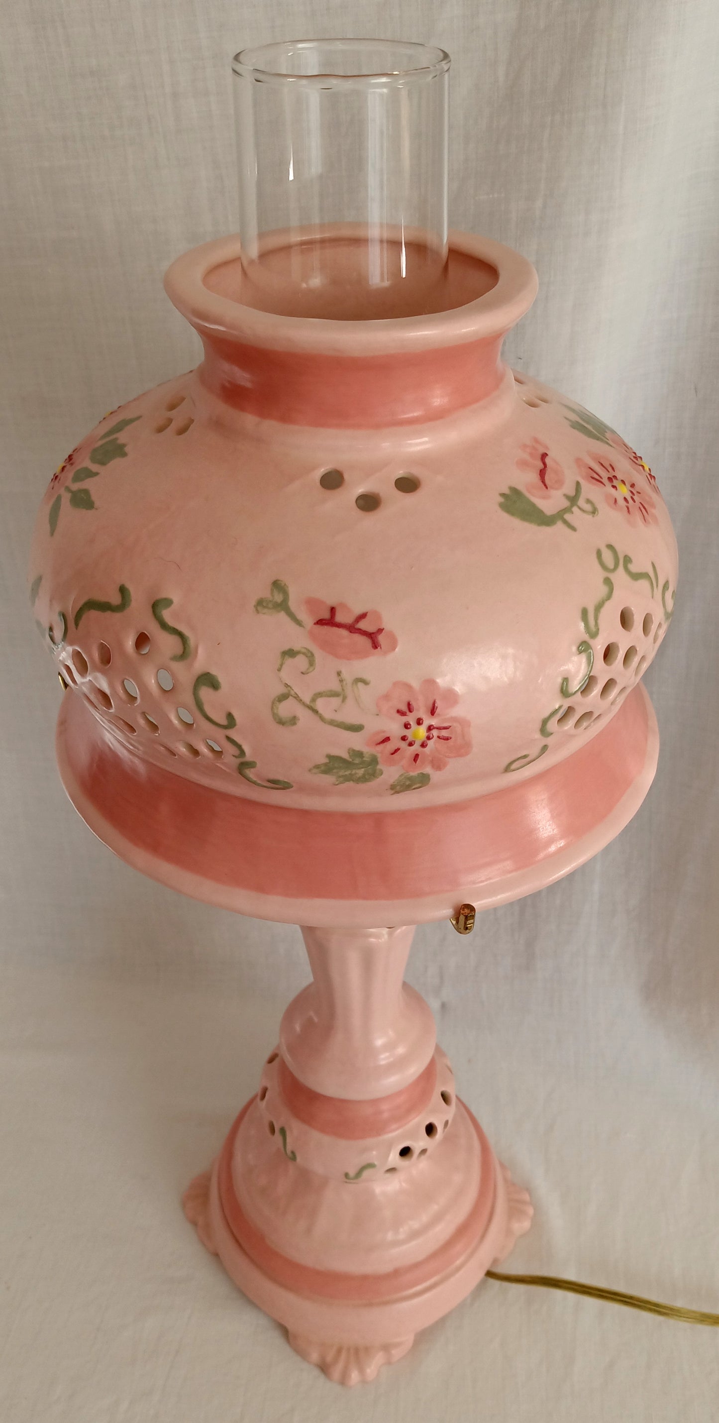 Vintage Pink Ceramic 3 Way Accent Lamp Hand Painted Glazed Raised Flowers Design Footed Open Cut Accent w/ Chimney Signed BL- OOAK
