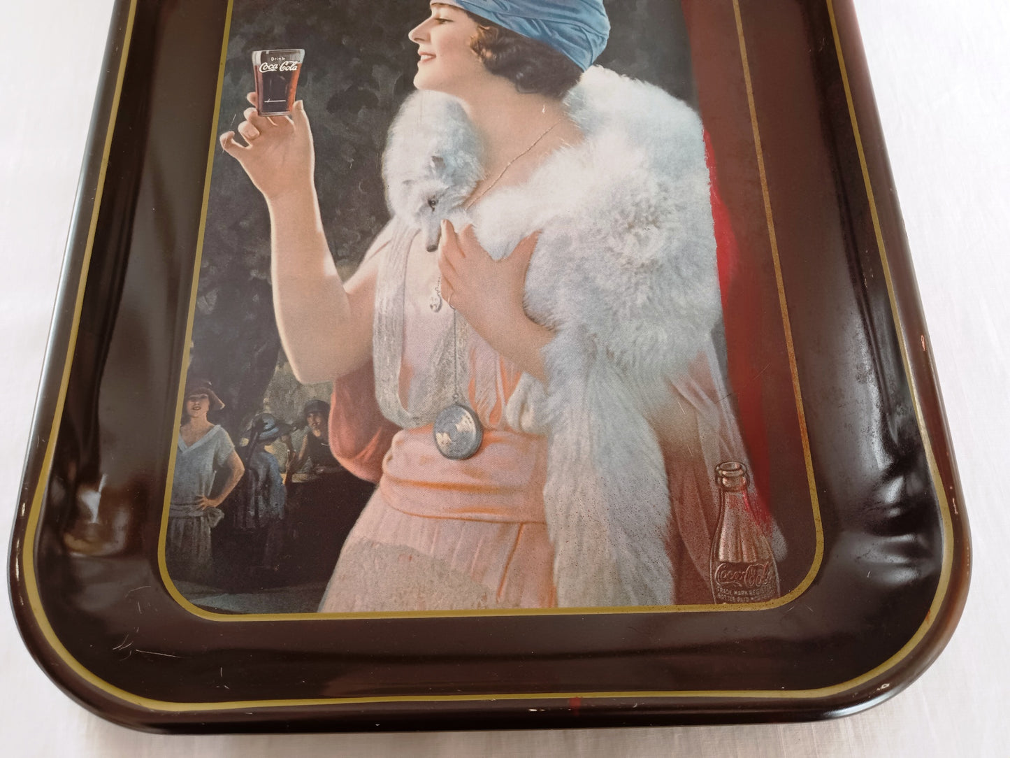 Vintage 1973 Coca Cola Party Girl Flapper Lithograph Metal Serving Tray Reproduction 1925 Coke Advertising Collectible Tray