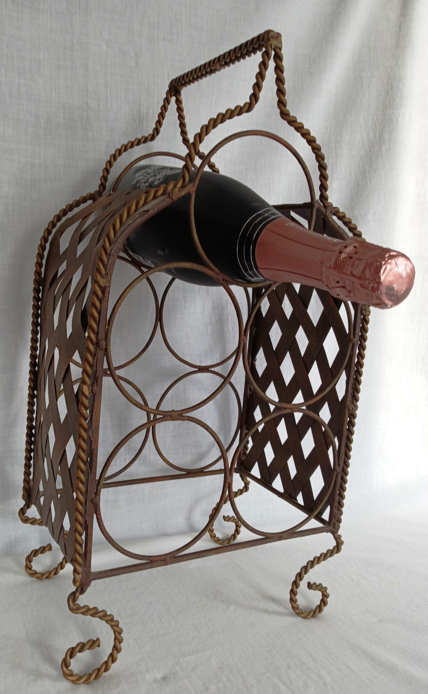 Vintage Ornate Metal Portable Wine Rack 5 Bottles Freestanding Caddy Storage Holder w/ Handle Table Countertop Floor Bar Décor-NOS