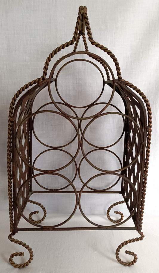 Vintage Ornate Metal Portable Wine Rack 5 Bottles Freestanding Caddy Storage Holder w/ Handle Table Countertop Floor Bar Décor-NOS