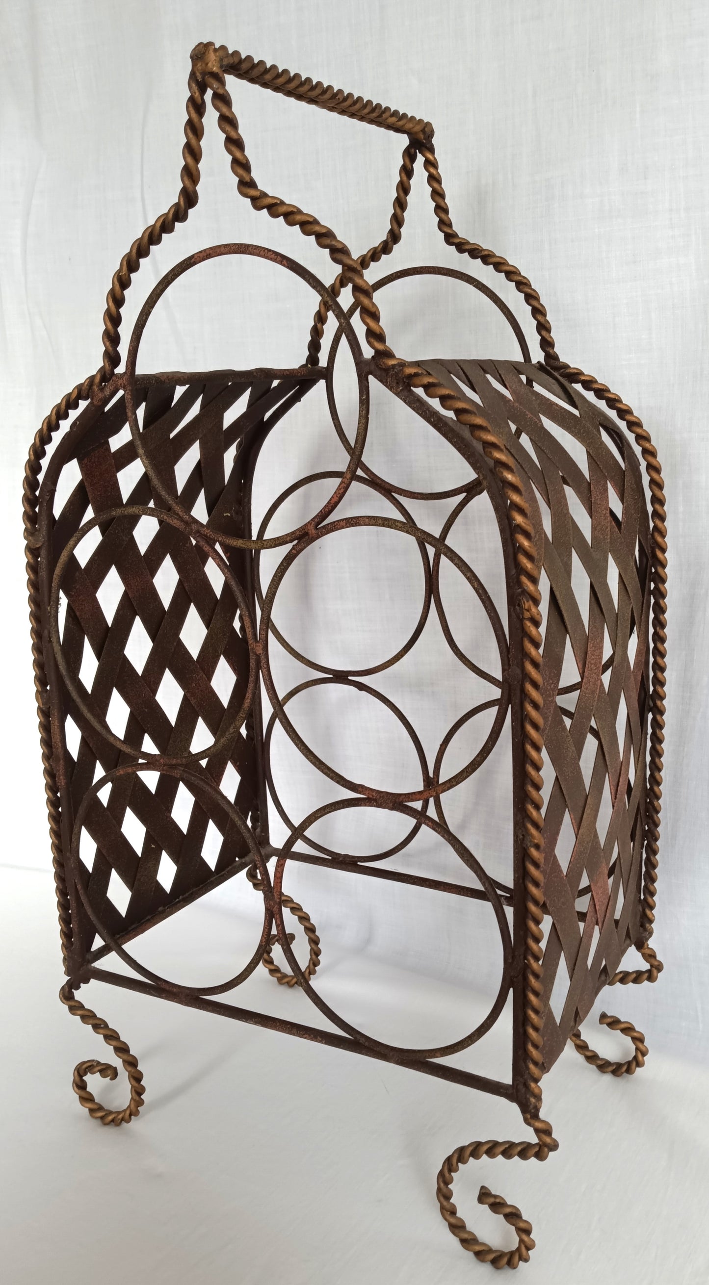 Vintage Ornate Metal Portable Wine Rack 5 Bottles Freestanding Caddy Storage Holder w/ Handle Table Countertop Floor Bar Décor-NOS