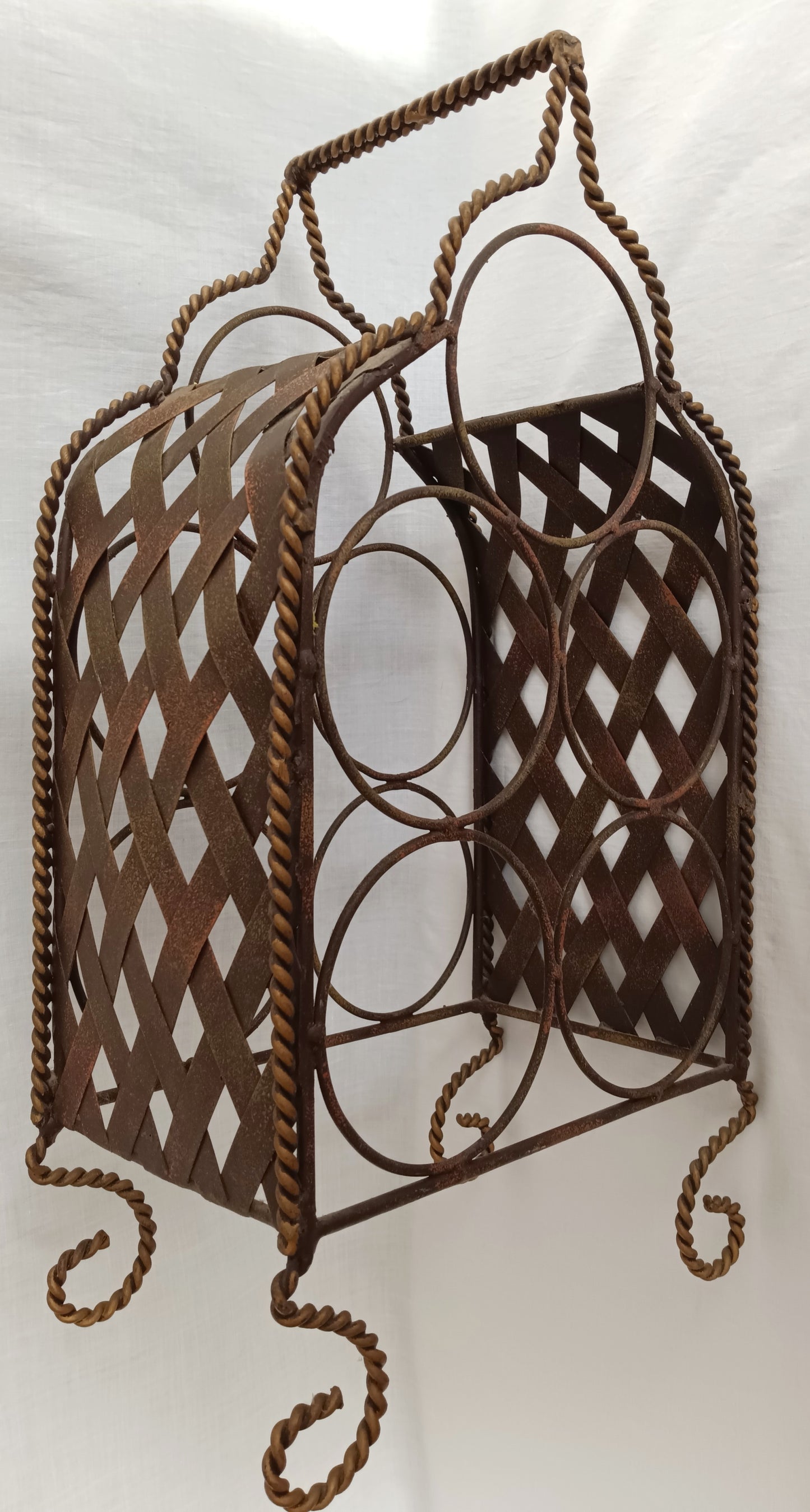 Vintage Ornate Metal Portable Wine Rack 5 Bottles Freestanding Caddy Storage Holder w/ Handle Table Countertop Floor Bar Décor-NOS