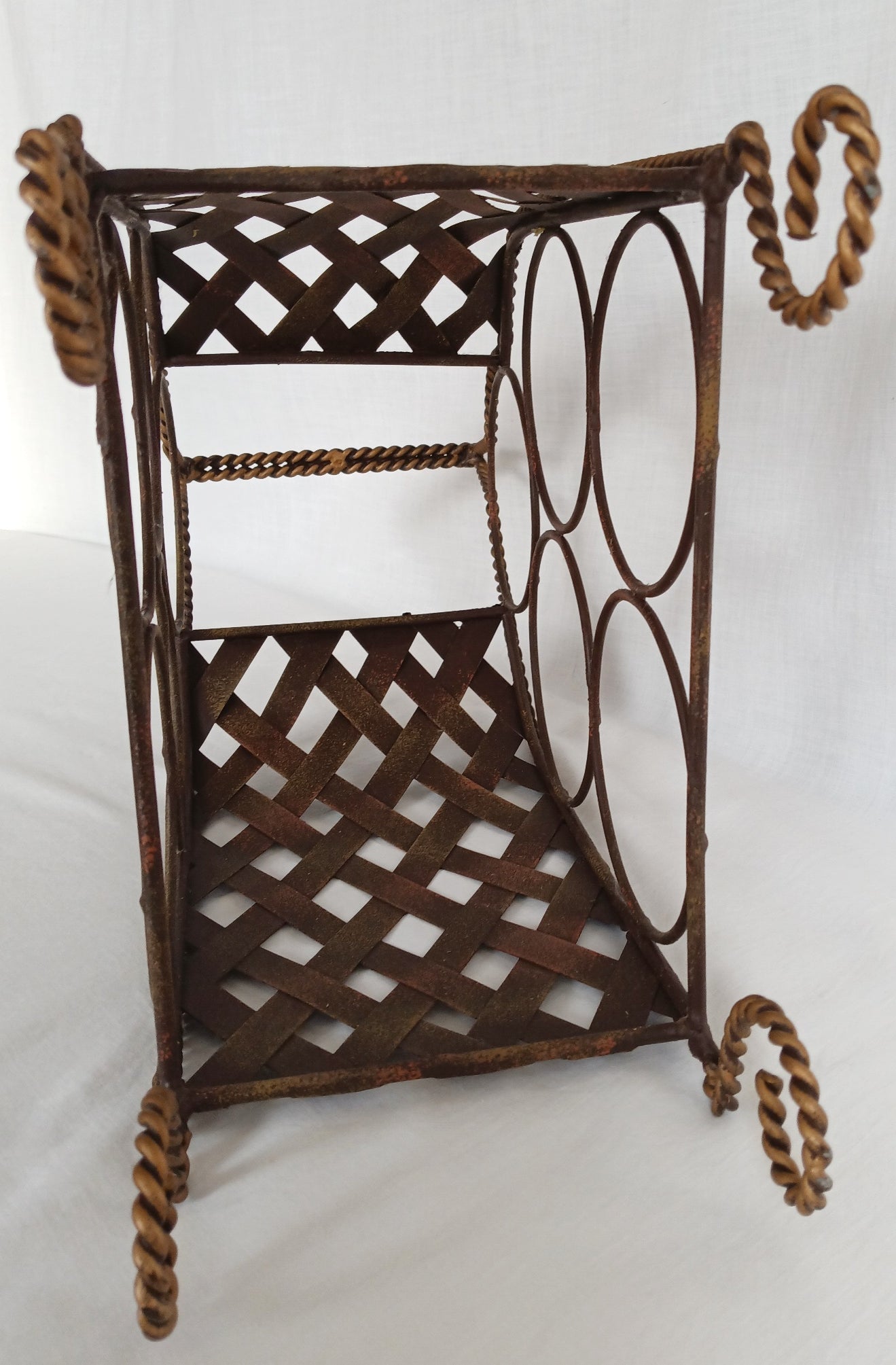 Vintage Ornate Metal Portable Wine Rack 5 Bottles Freestanding Caddy Storage Holder w/ Handle Table Countertop Floor Bar Décor-NOS