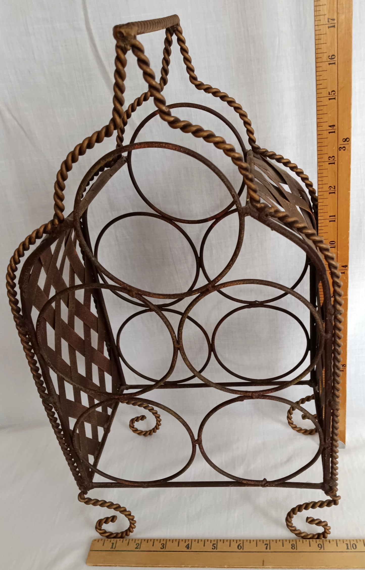 Vintage Ornate Metal Portable Wine Rack 5 Bottles Freestanding Caddy Storage Holder w/ Handle Table Countertop Floor Bar Décor-NOS