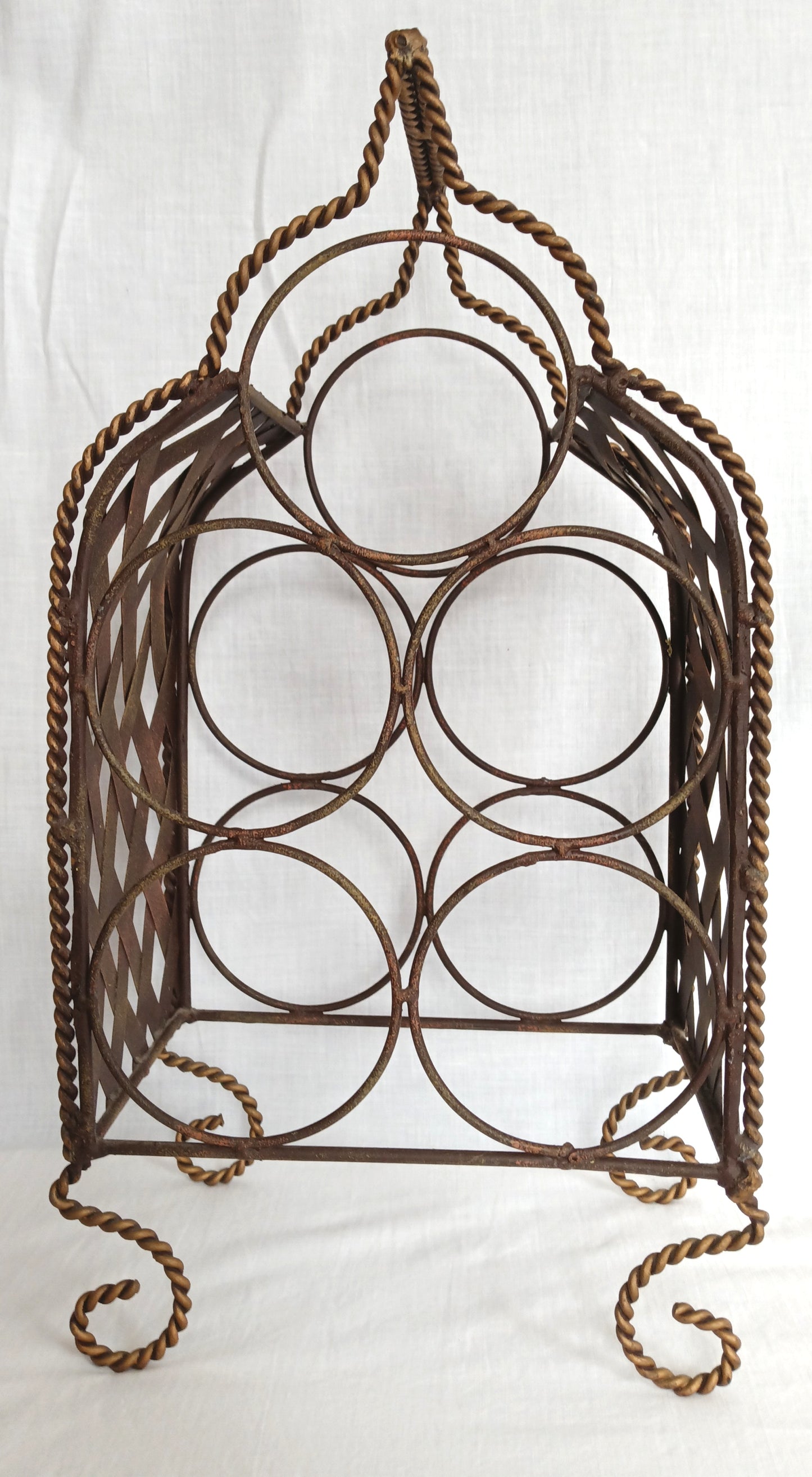 Vintage Ornate Metal Portable Wine Rack 5 Bottles Freestanding Caddy Storage Holder w/ Handle Table Countertop Floor Bar Décor-NOS