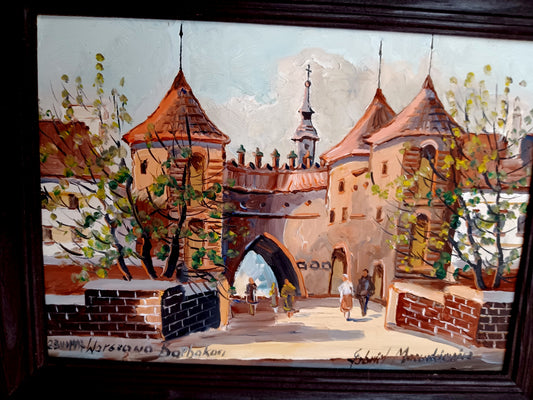 Vintage Small Oil Painting on Board of Medieval Fortifications of Barbican in Warsaw Poland 1993 Signed