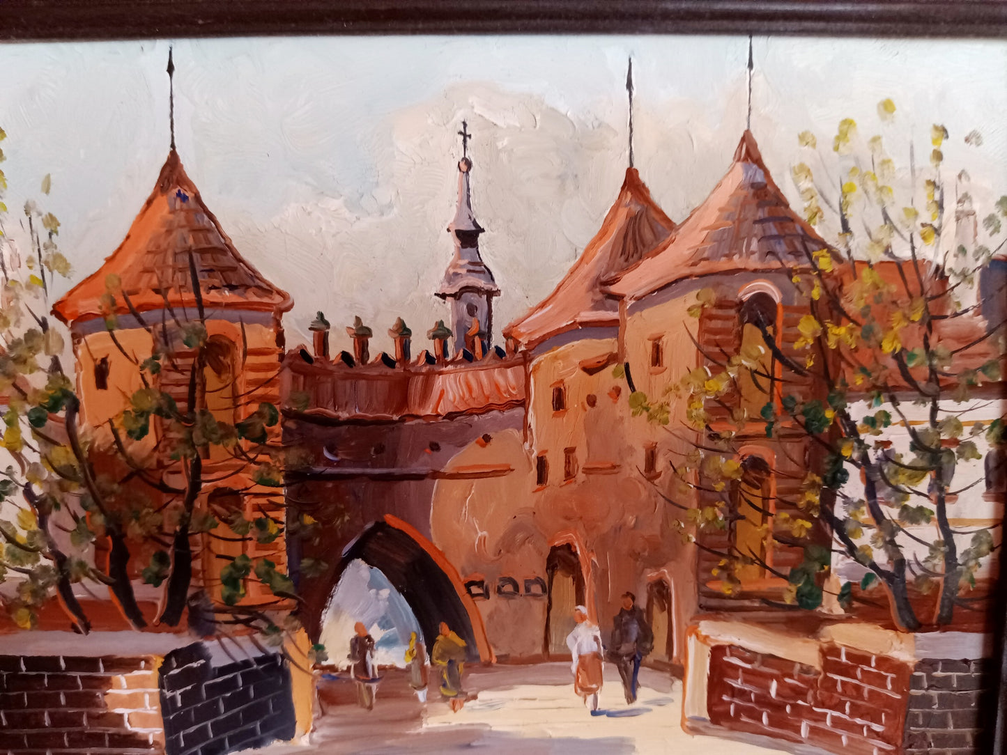 Vintage Small Oil Painting on Board of Medieval Fortifications of Barbican in Warsaw Poland 1993 Signed