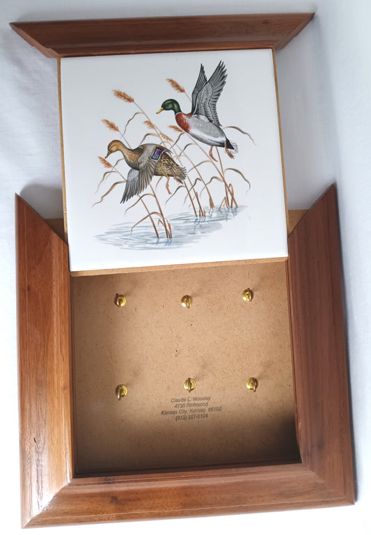 Vintage Hidden Keys Holder Hollow Box Wall Hanging Solid Wood Square Box Small Cabinet Porcelain Front Tile Mallard Ducks Country Decor-NOS