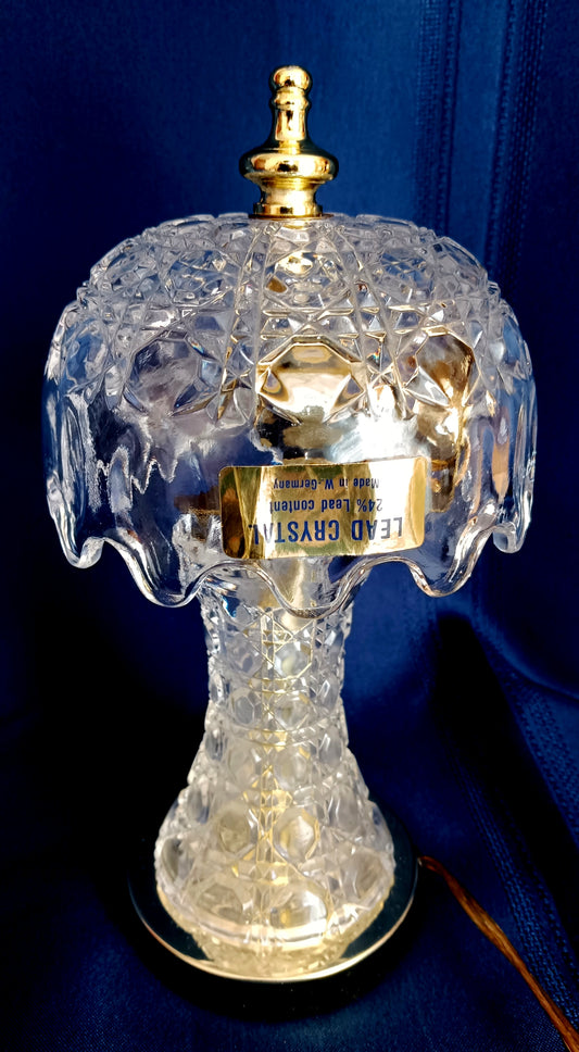 Vintage Small Lamp w/Shade Lead 24%Crystal Glass Cut Geometric Design in Cord Switch Brass Finial End Table Accent Lamp-Made in W. Germany