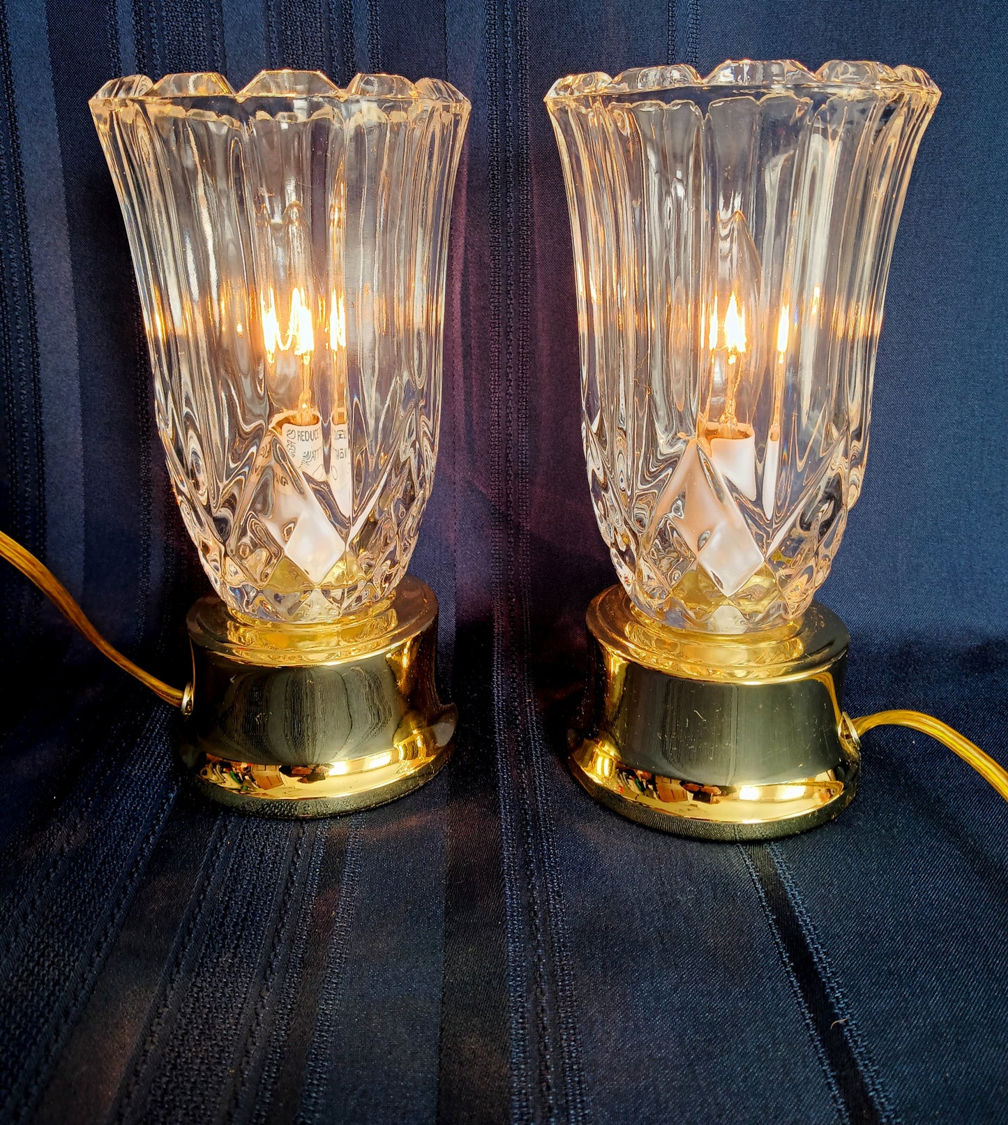 Vintage Pressed Crystal Glass Torchiere Small Table Lamp Brass Base in Cord Switch Night Lamp Desk Bedroom Lamp