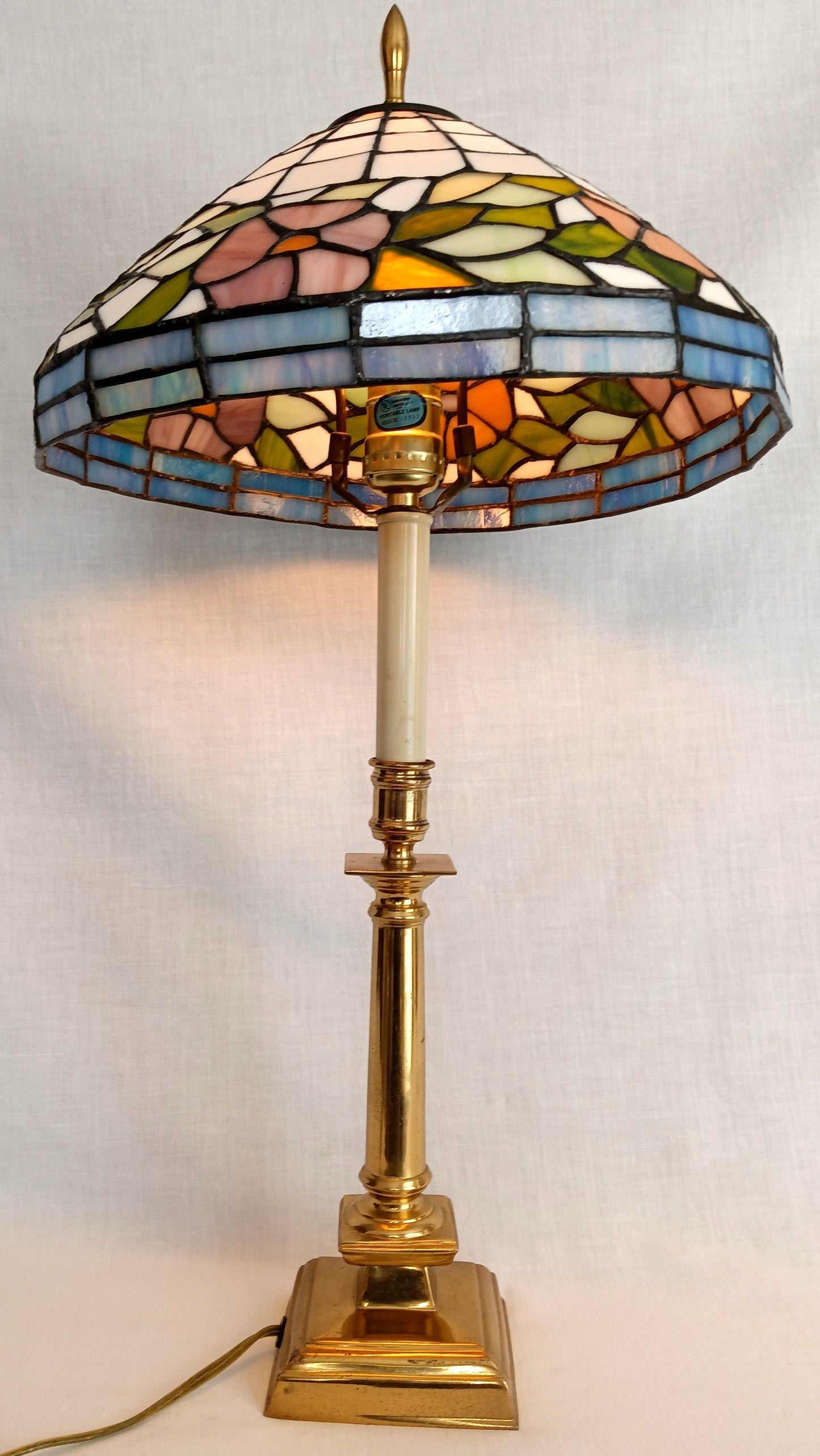 Vintage Tiffany Style Brass Tall Table Lamp Ornate Floral Leaded Stained Slag Glass Dome Shade 2 Way Inline Light Control Switch Harp Finial