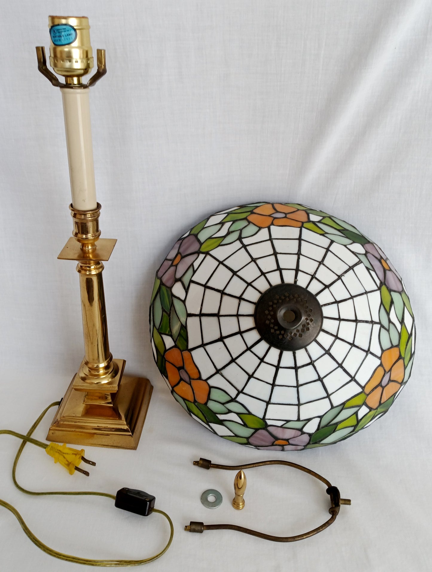 Vintage Tiffany Style Brass Tall Table Lamp Ornate Floral Leaded Stained Slag Glass Dome Shade 2 Way Inline Light Control Switch Harp Finial