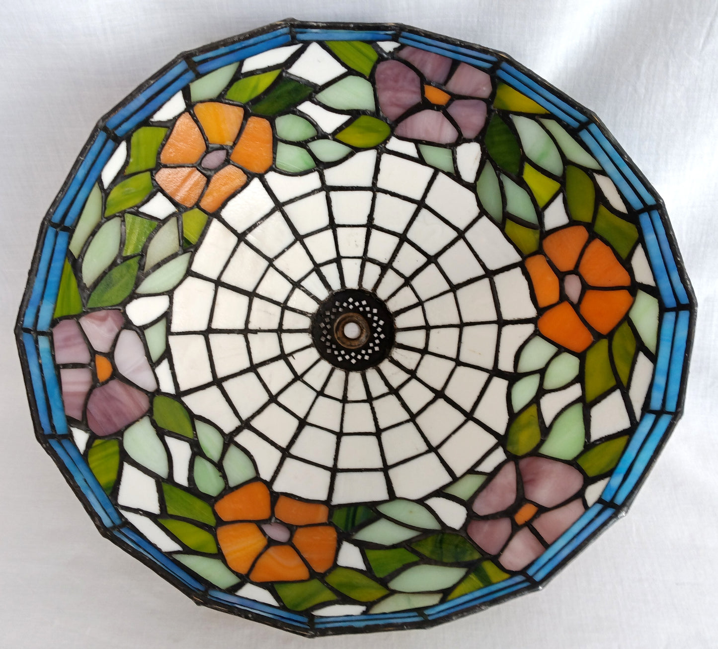 Vintage Tiffany Style Brass Tall Table Lamp Ornate Floral Leaded Stained Slag Glass Dome Shade 2 Way Inline Light Control Switch Harp Finial