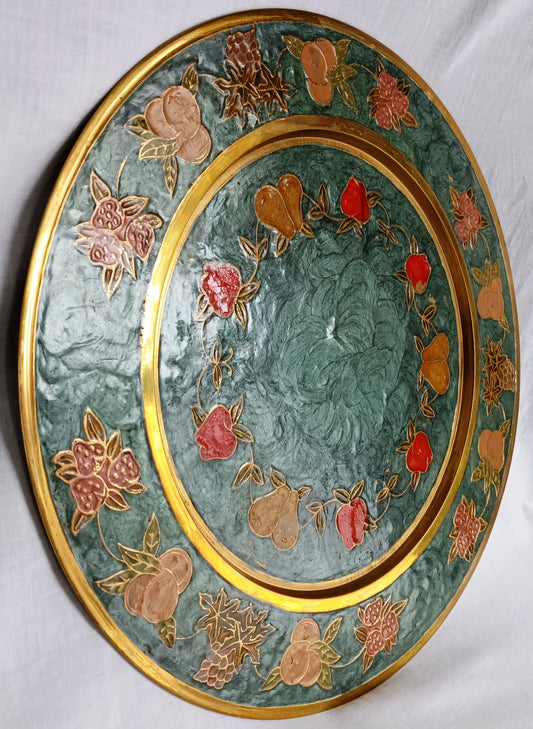 Vintage Enamel Brass Large Decorative Tray/Plate Fruits Motif Enamel Cloisonné Centerpiece Tableware Ornament Home Décor 12.5”D - Made in India
