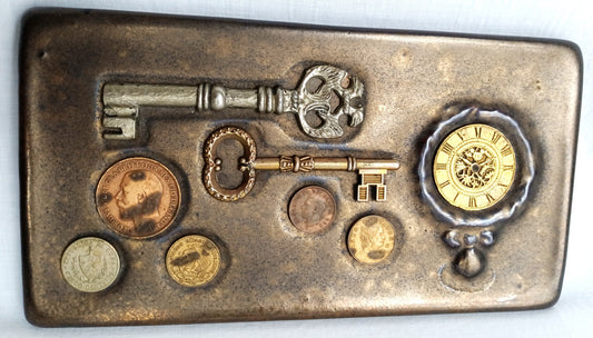 Vintage Handcrafted Ceramic Box Designed with Coins Keys Inlaid in Lid Cigar Trinket Jewelry Box Collectible Pottery –OOAK